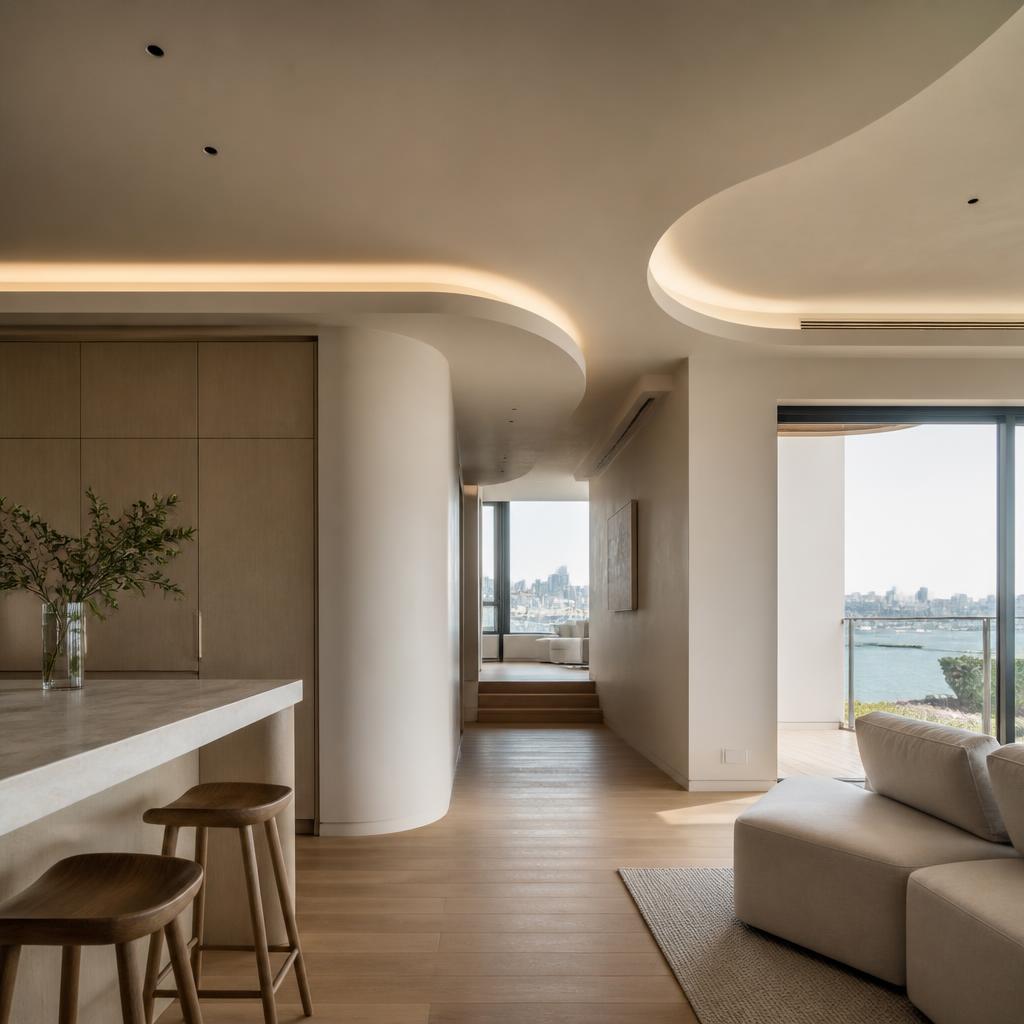 Modern Sydney home interior with plastered bulkheads and curved ceilings